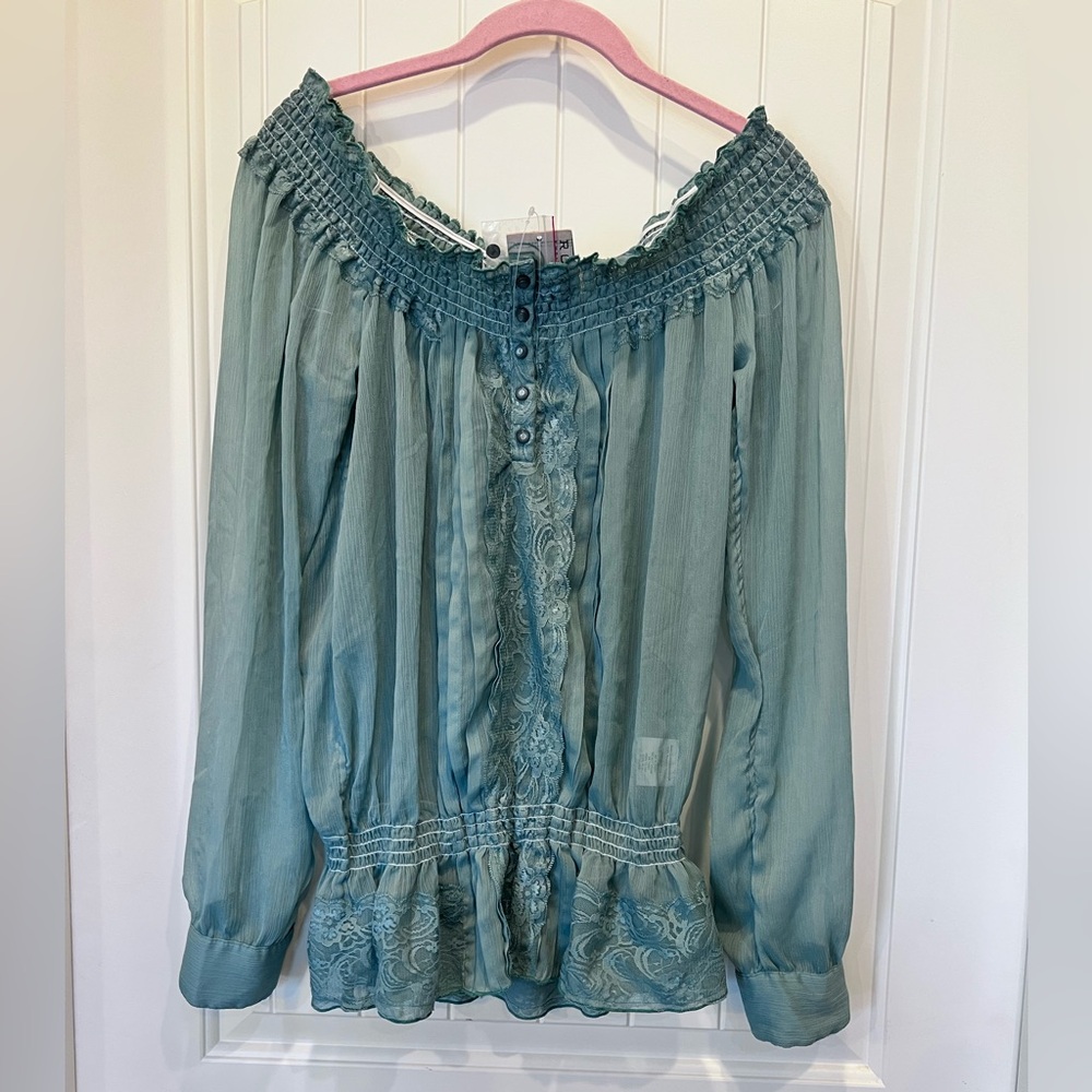 Roper Off-Shoulder Stretch Blouse Lace Smocking Buttons Sz XL NWT